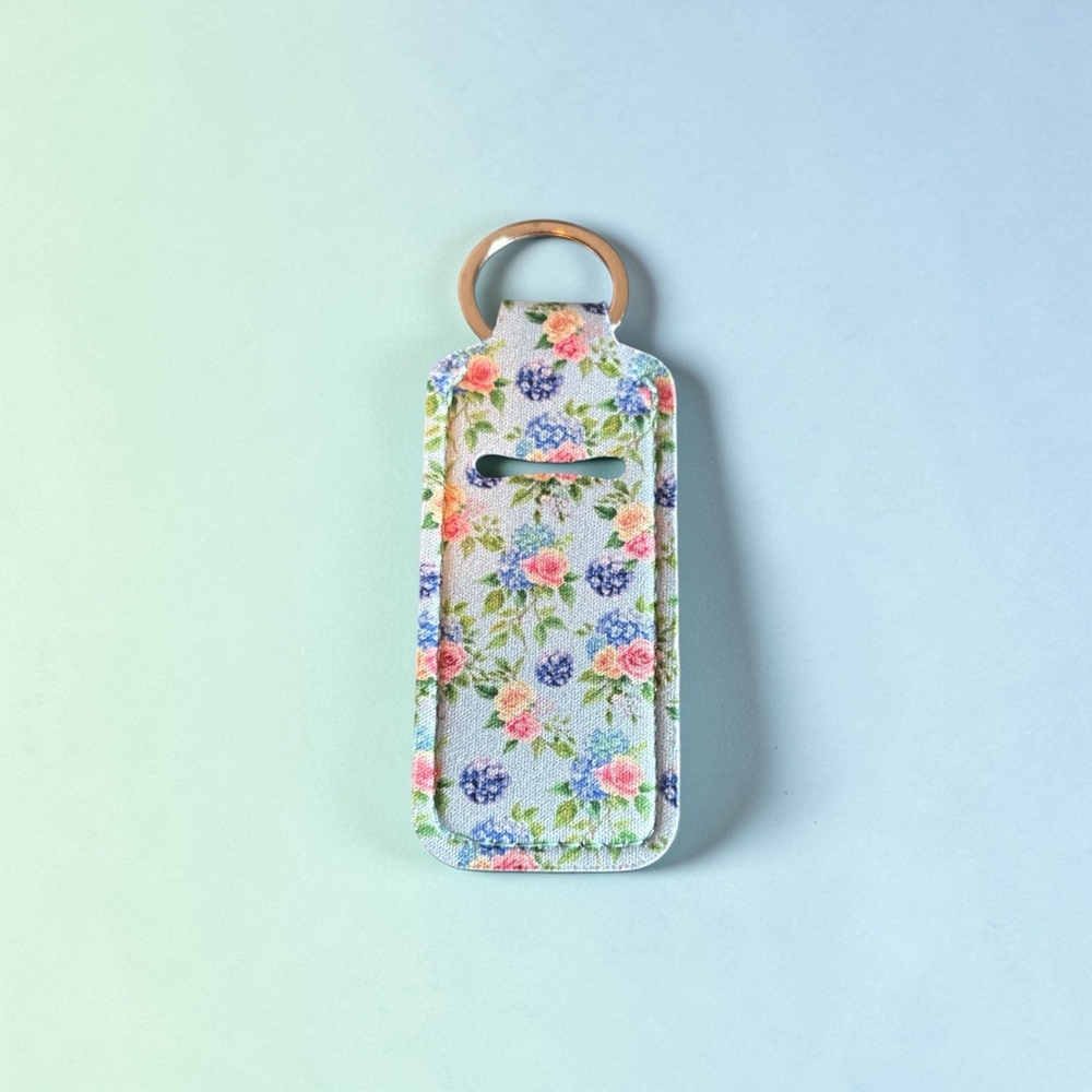 Floral Chapstick Holder Keychain Blue Pink Green Rose Hydrangea Neoprene‎ Sleeve - Picture 2 of 2